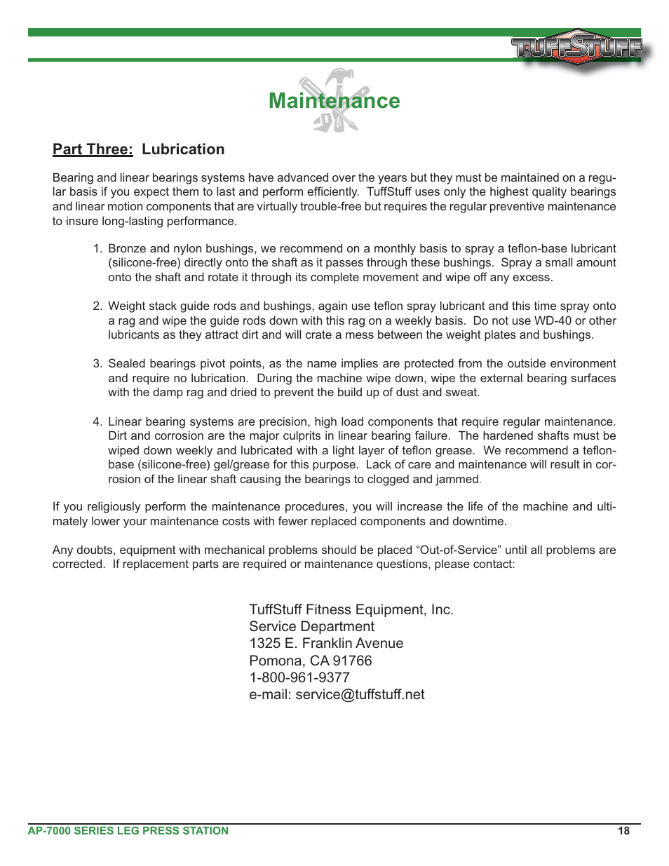 Maintenance | Tuff Stuff AP-71LE Single Station Leg Ext/Curl User Manual | Page 18 / 19