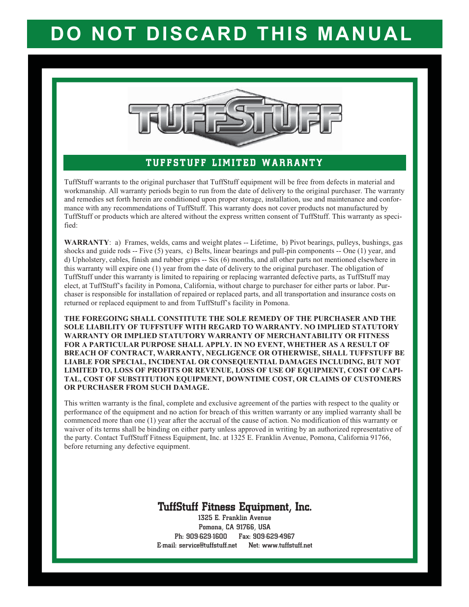 Tuffstuff fitness equipment, inc | Tuff Stuff AP-71LE Single Station Leg Ext/Curl User Manual | Page 19 / 19