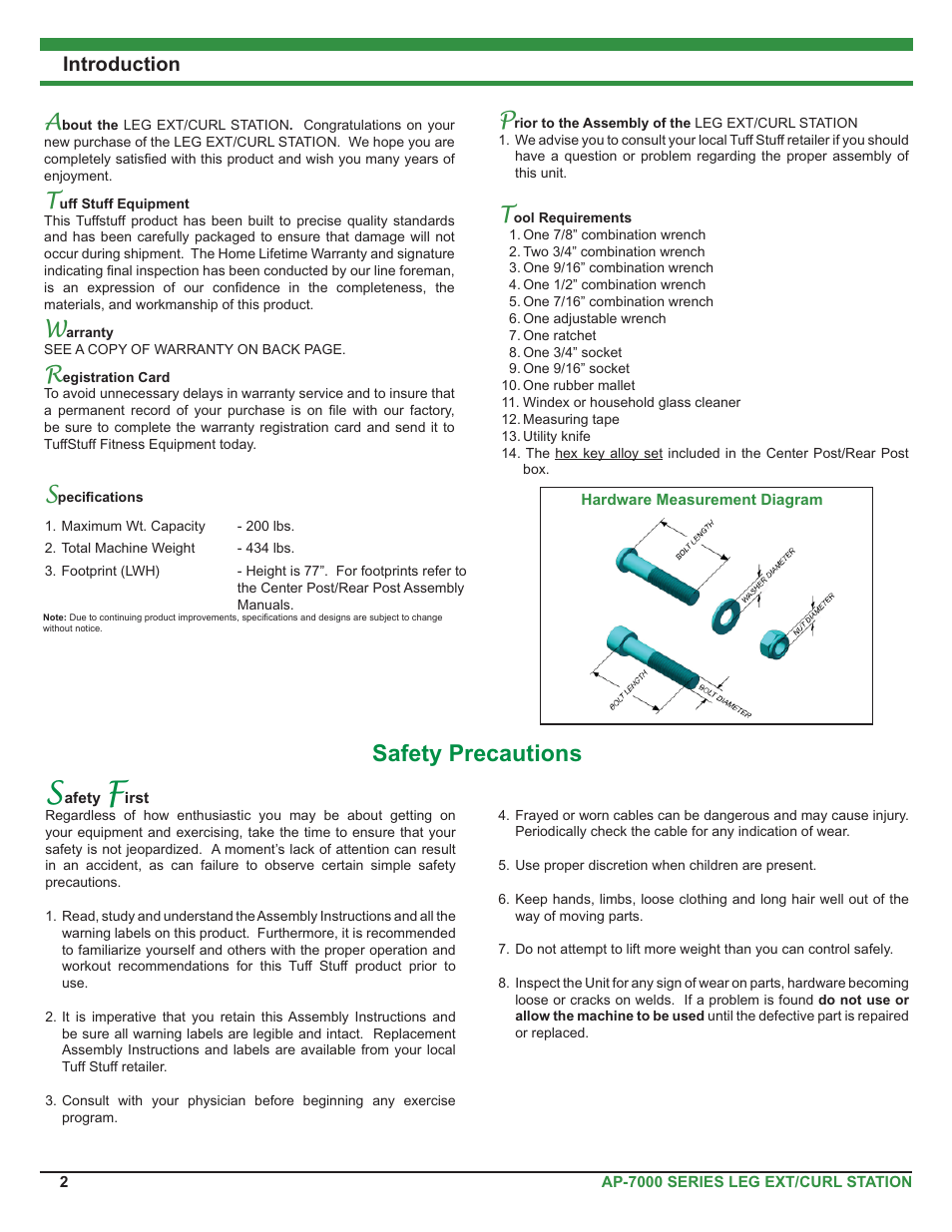 Safety precautions, Introduction | Tuff Stuff AP-71LE Single Station Leg Ext/Curl User Manual | Page 2 / 19