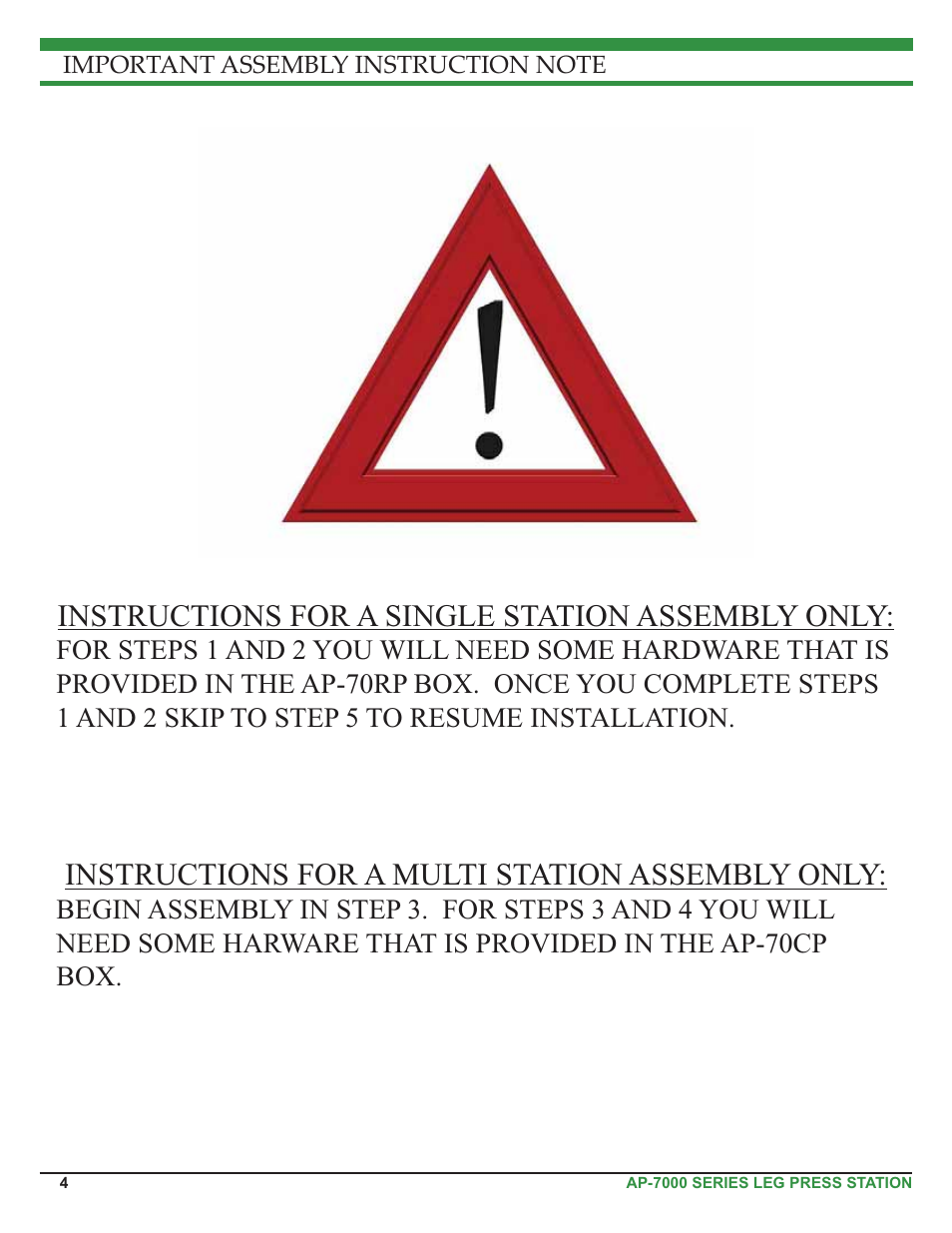 Instructions for a single station assembly only, Instructions for a multi station assembly only | Tuff Stuff AP-71LE Single Station Leg Ext/Curl User Manual | Page 4 / 19