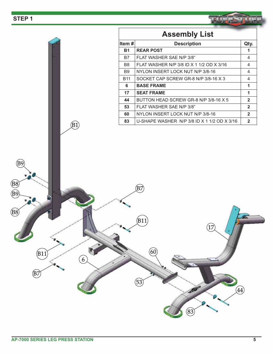 Assembly list | Tuff Stuff AP-71LE Single Station Leg Ext/Curl User Manual | Page 5 / 19