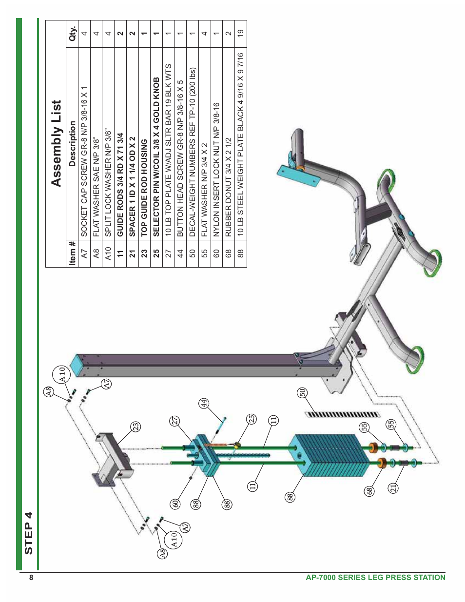 Assembly list, Step 4 | Tuff Stuff AP-71LE Single Station Leg Ext/Curl User Manual | Page 8 / 19