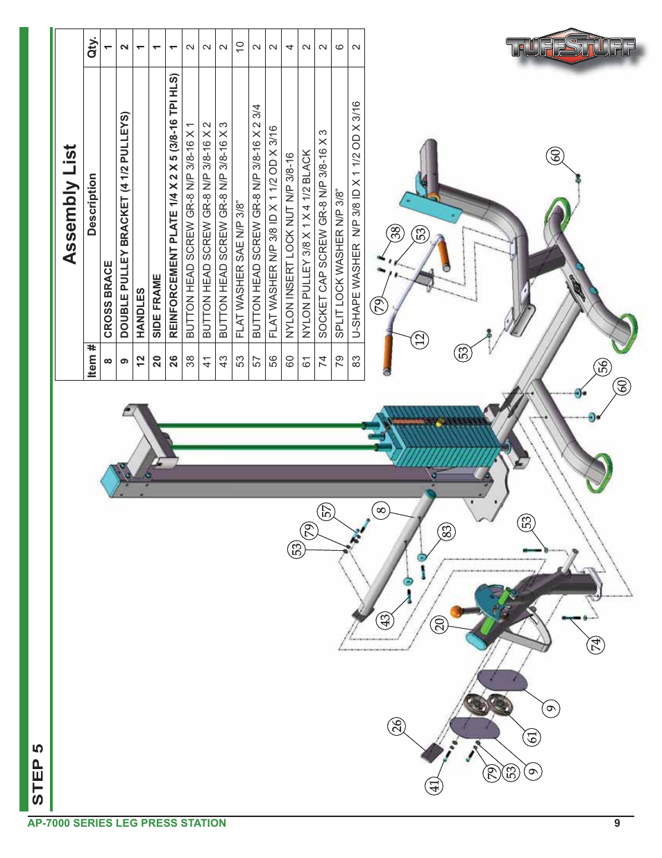 Assembly list, Step 5 | Tuff Stuff AP-71LE Single Station Leg Ext/Curl User Manual | Page 9 / 19