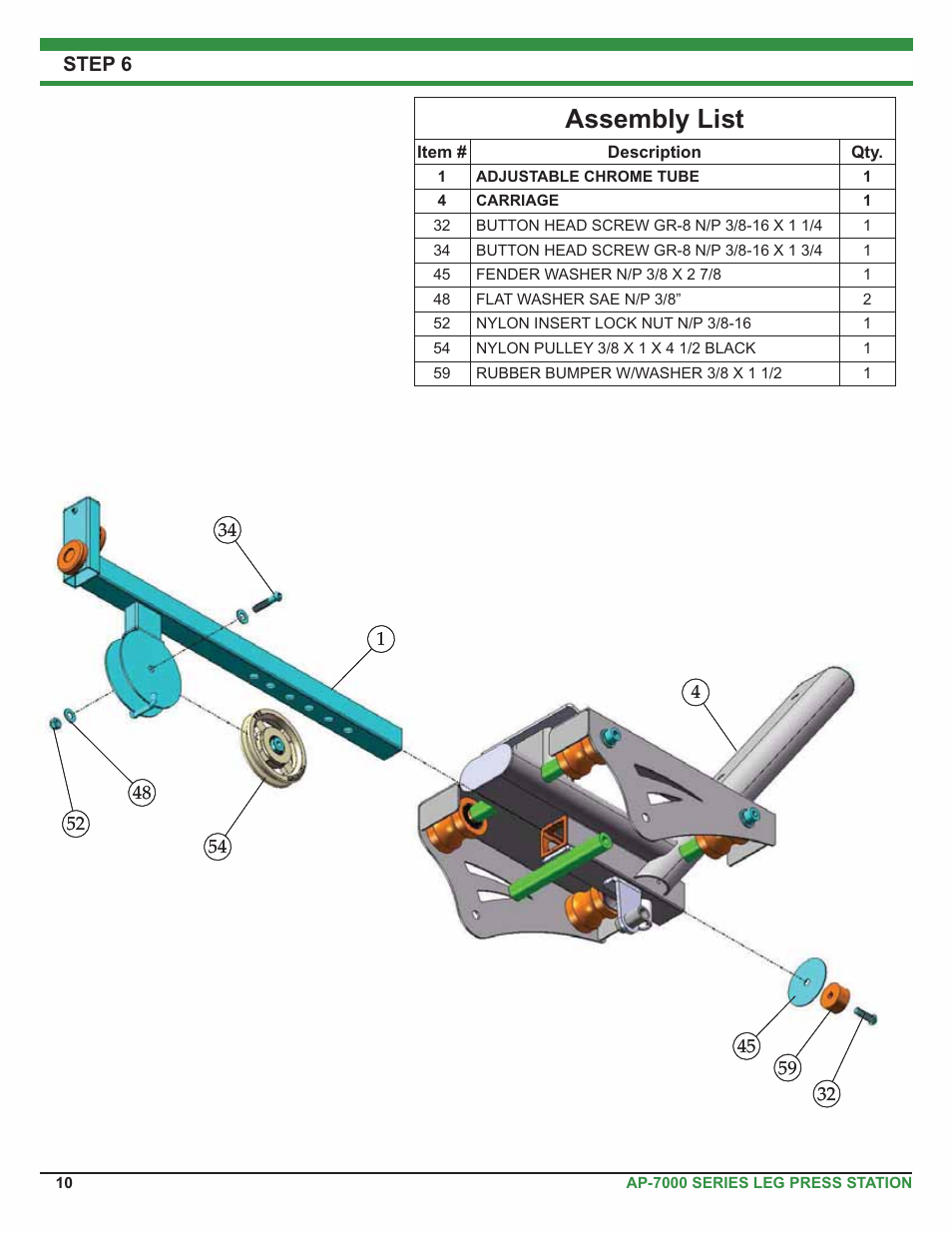 Assembly list, Step 6 | Tuff Stuff AP-71LP Single Station Leg Press User Manual | Page 10 / 23