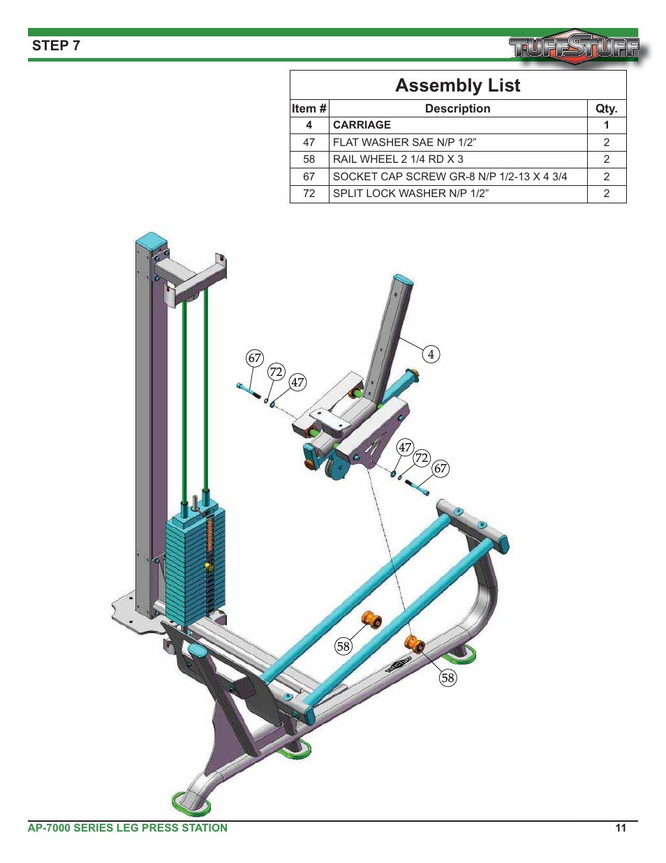 Assembly list, Step 7 | Tuff Stuff AP-71LP Single Station Leg Press User Manual | Page 11 / 23