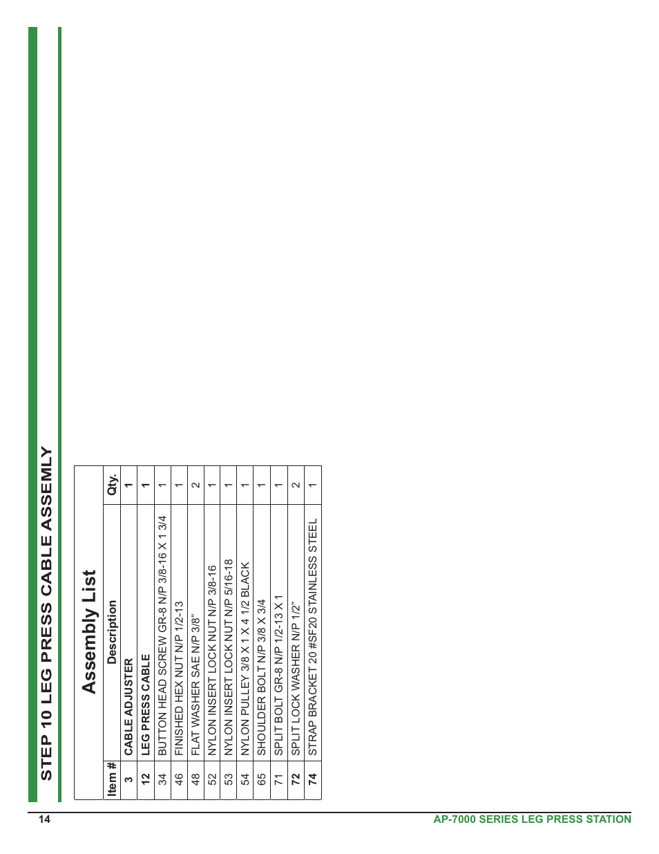 Assembly list, Step 10 leg press cable asseml y | Tuff Stuff AP-71LP Single Station Leg Press User Manual | Page 14 / 23