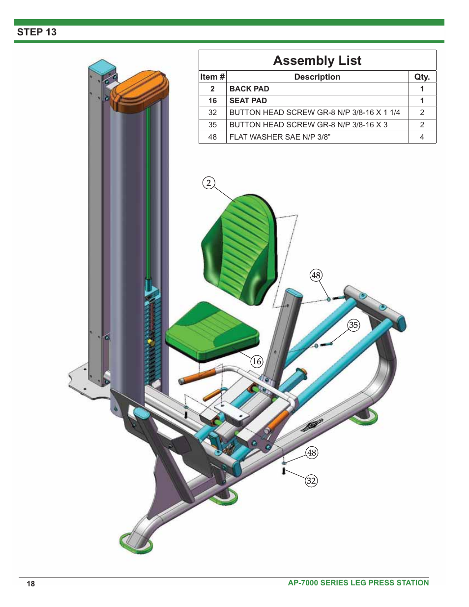 Assembly list, Step 13 | Tuff Stuff AP-71LP Single Station Leg Press User Manual | Page 18 / 23