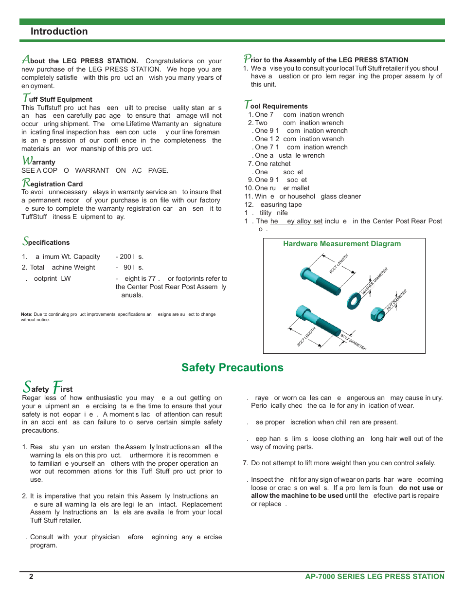 Safety precautions, Introduction | Tuff Stuff AP-71LP Single Station Leg Press User Manual | Page 2 / 23