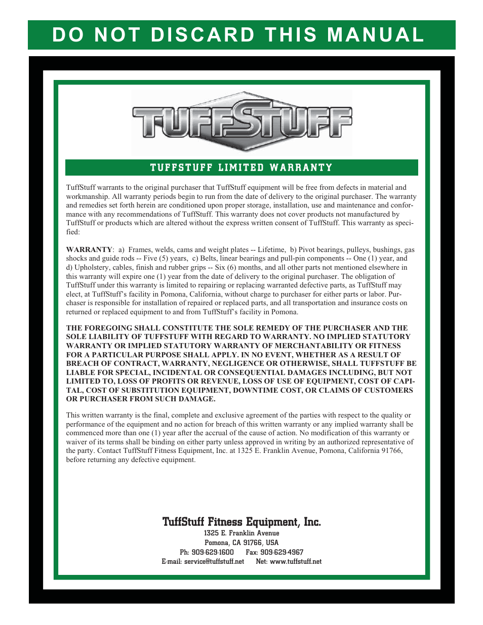 Tuffstuff fitness equipment, inc | Tuff Stuff AP-71LP Single Station Leg Press User Manual | Page 23 / 23