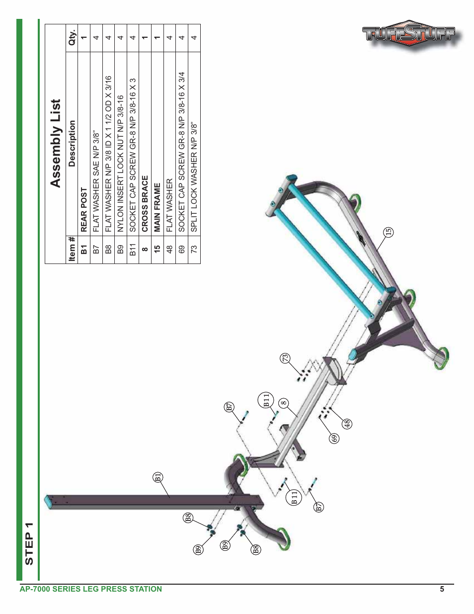 Assembly list, Step 1 | Tuff Stuff AP-71LP Single Station Leg Press User Manual | Page 5 / 23