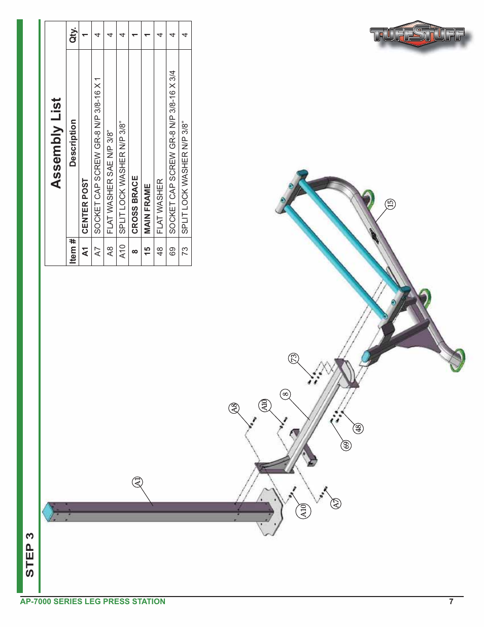 Assembly list, Step 3 | Tuff Stuff AP-71LP Single Station Leg Press User Manual | Page 7 / 23