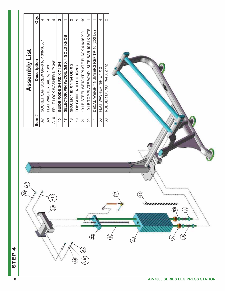 Assembly list, Step 4 | Tuff Stuff AP-71LP Single Station Leg Press User Manual | Page 8 / 23