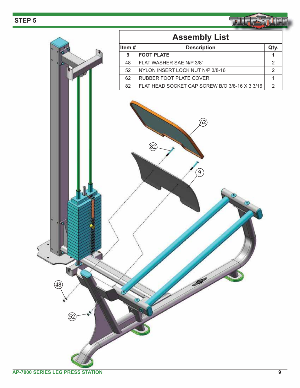 Assembly list | Tuff Stuff AP-71LP Single Station Leg Press User Manual | Page 9 / 23