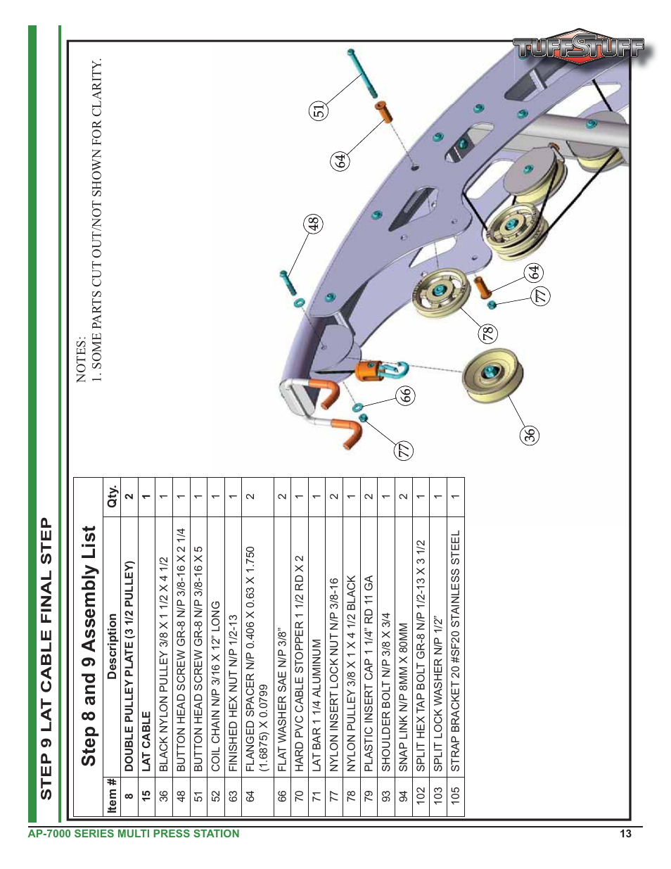 Step 8 and 9 assembly list, Step 9 la t cable final step | Tuff Stuff AP-71MP Single Station Multi Press User Manual | Page 13 / 23