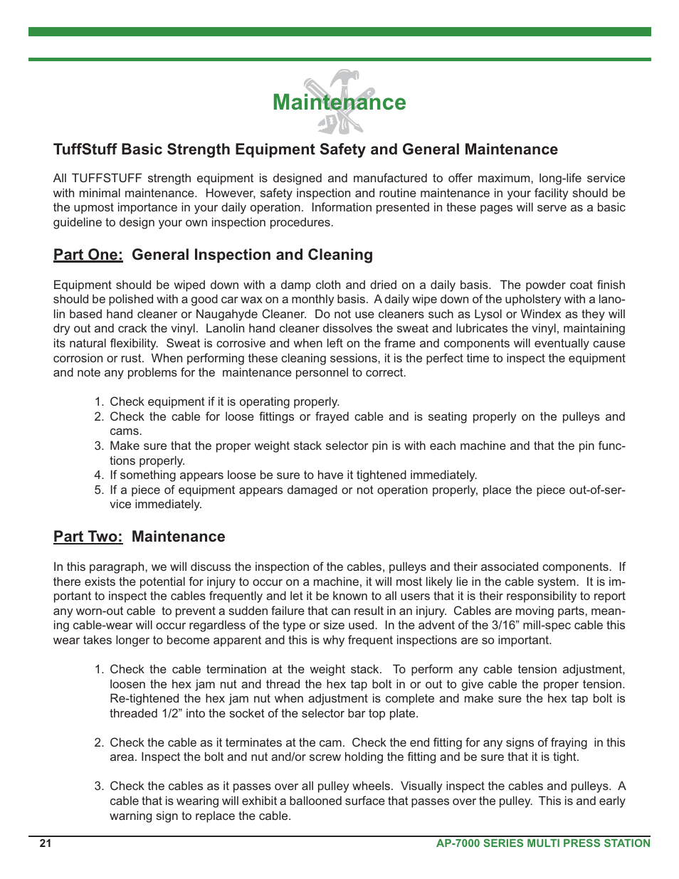 Maintenance | Tuff Stuff AP-71MP Single Station Multi Press User Manual | Page 21 / 23