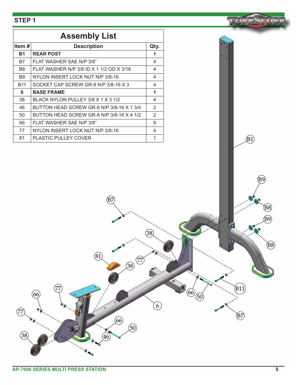 Assembly list | Tuff Stuff AP-71MP Single Station Multi Press User Manual | Page 5 / 23