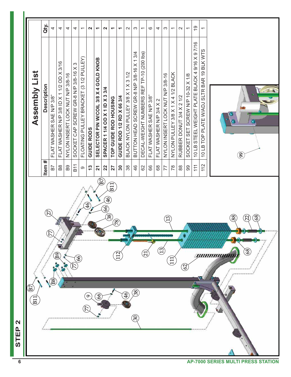 Assembly list, Step 2 | Tuff Stuff AP-71MP Single Station Multi Press User Manual | Page 6 / 23