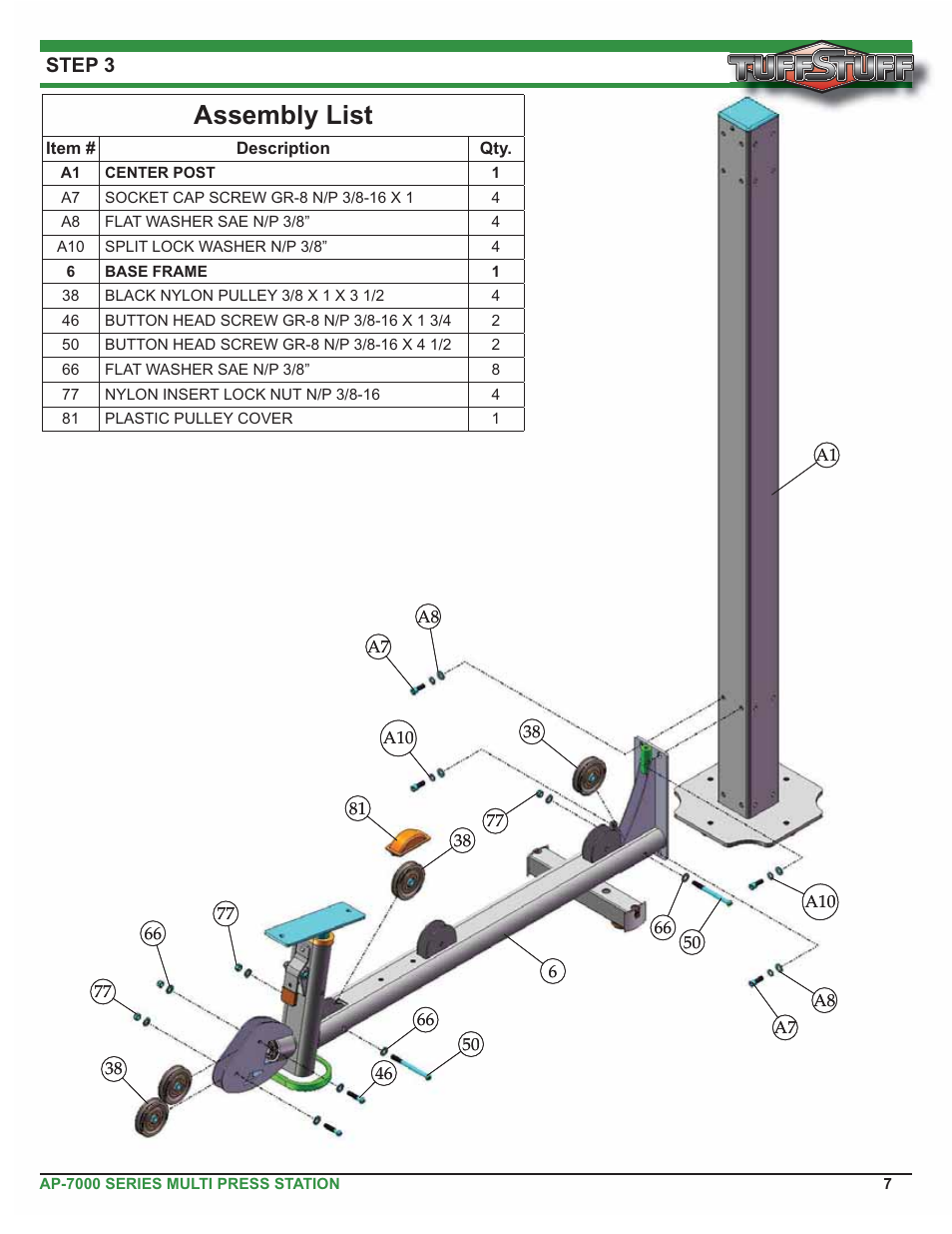 Assembly list, Step 3 | Tuff Stuff AP-71MP Single Station Multi Press User Manual | Page 7 / 23