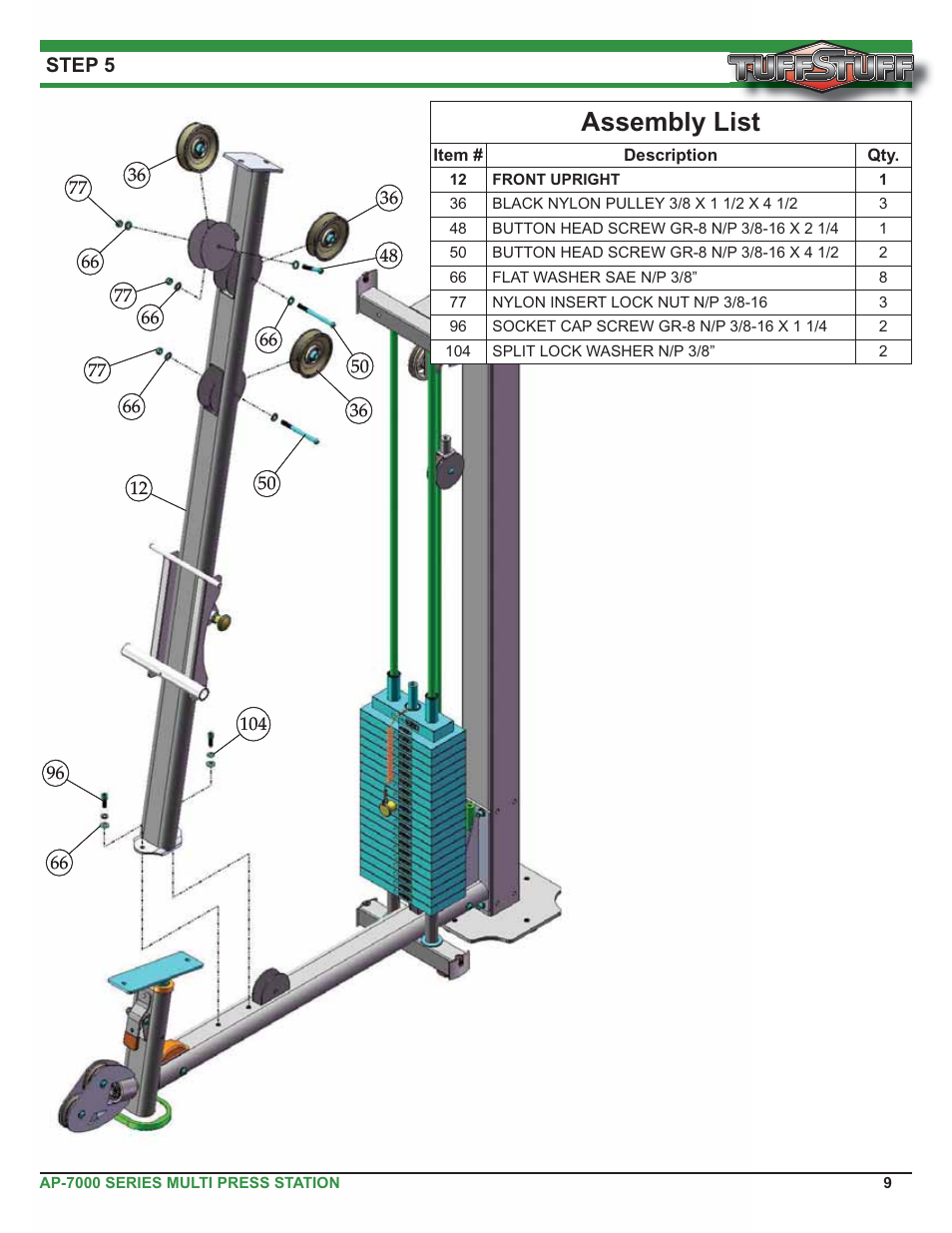 Assembly list | Tuff Stuff AP-71MP Single Station Multi Press User Manual | Page 9 / 23