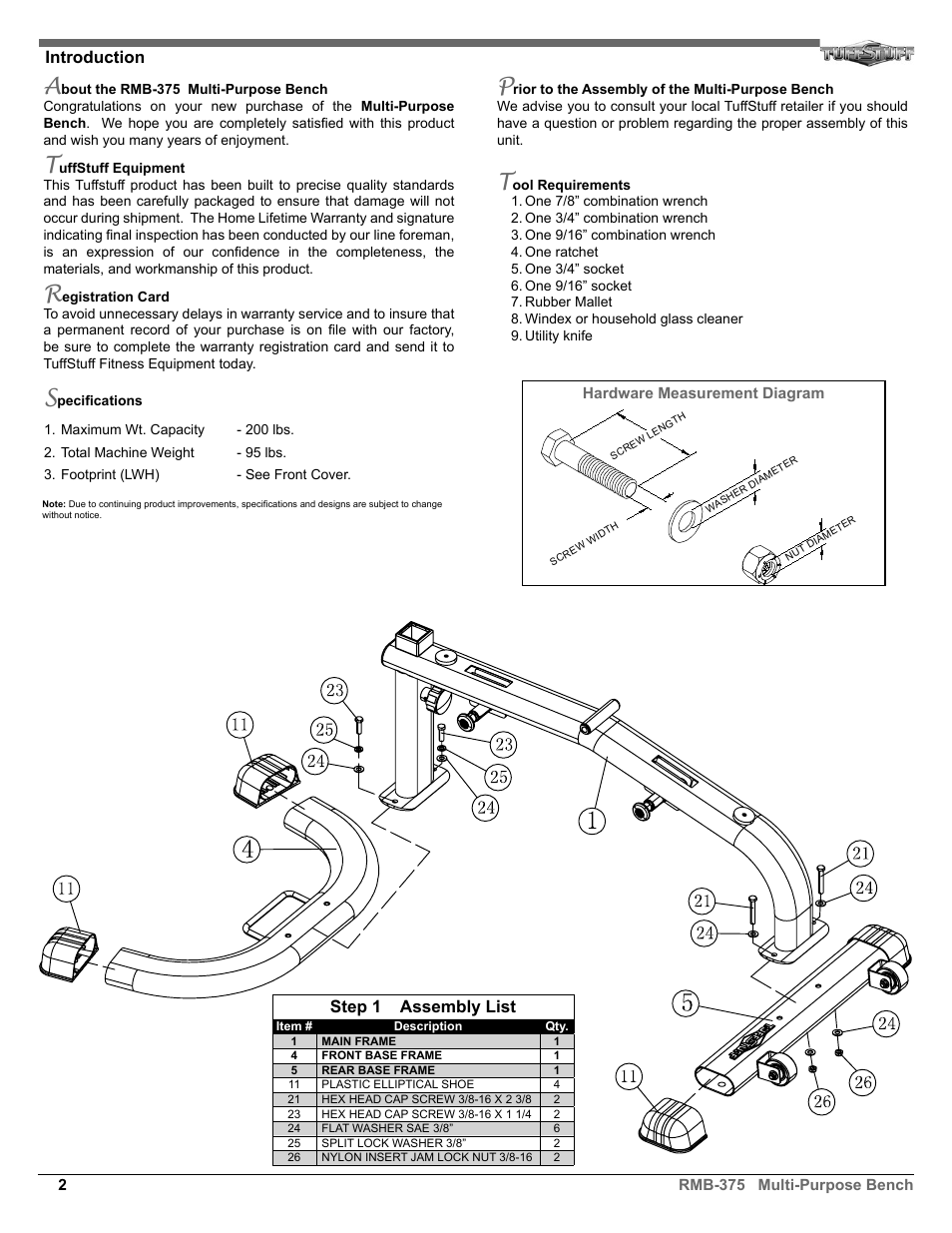 Introduction step 1 assembly list | Tuff Stuff RMB-375 Multi-Purpose Bench User Manual | Page 2 / 4