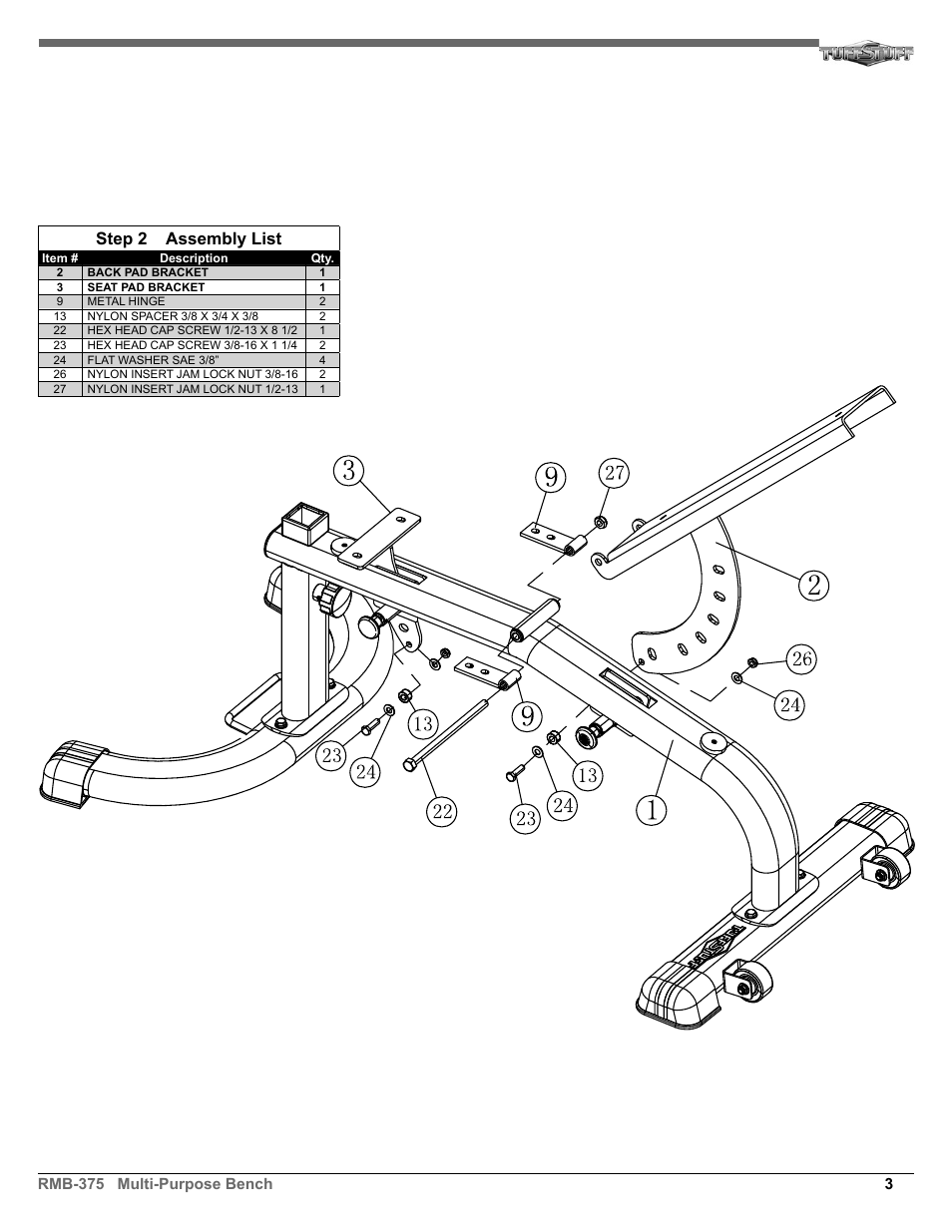 Step 2 assembly list, 3rmb-375 multi-purpose bench | Tuff Stuff RMB-375 Multi-Purpose Bench User Manual | Page 3 / 4