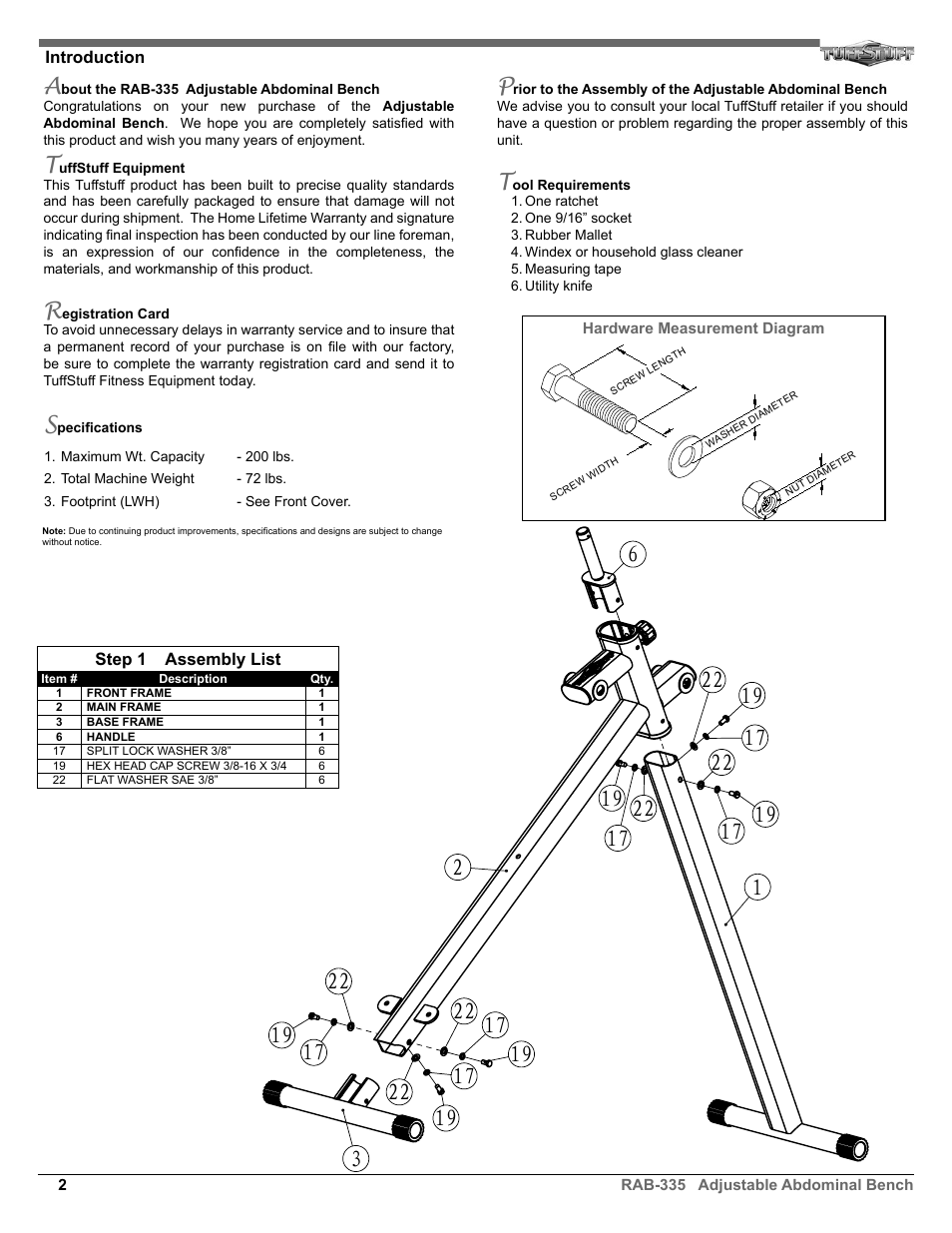 5$%6whs | Tuff Stuff RAB-335 Adjustable Abdominal Bench User Manual | Page 2 / 4