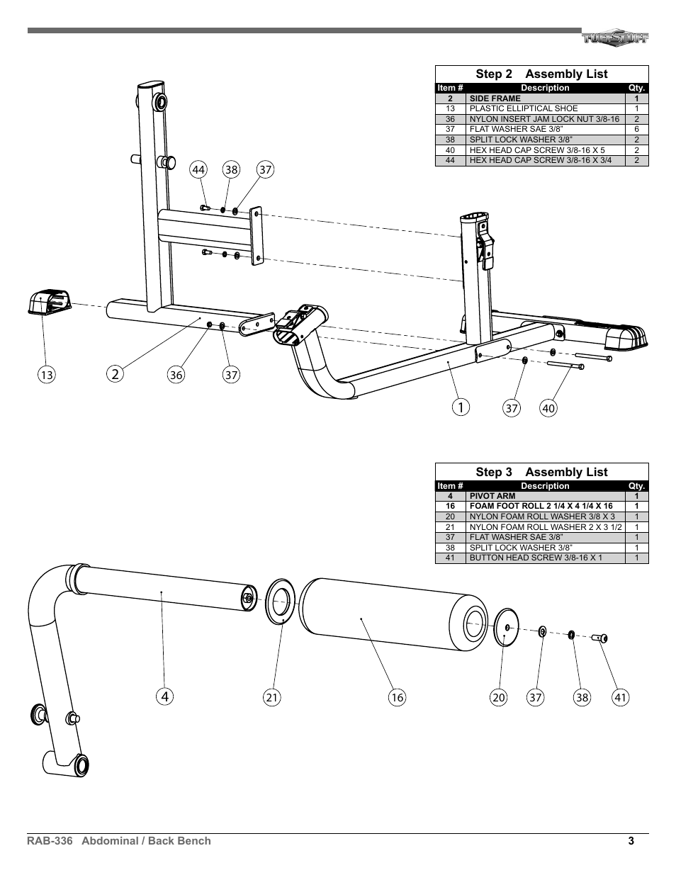 Step 2 assembly list, Step 3 assembly list | Tuff Stuff RAB-336 Abdominal/Back machine User Manual | Page 3 / 8