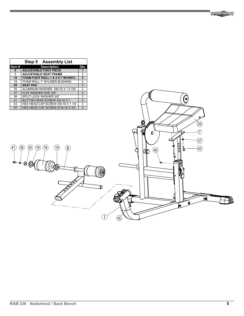 Step 5 assembly list | Tuff Stuff RAB-336 Abdominal/Back machine User Manual | Page 5 / 8