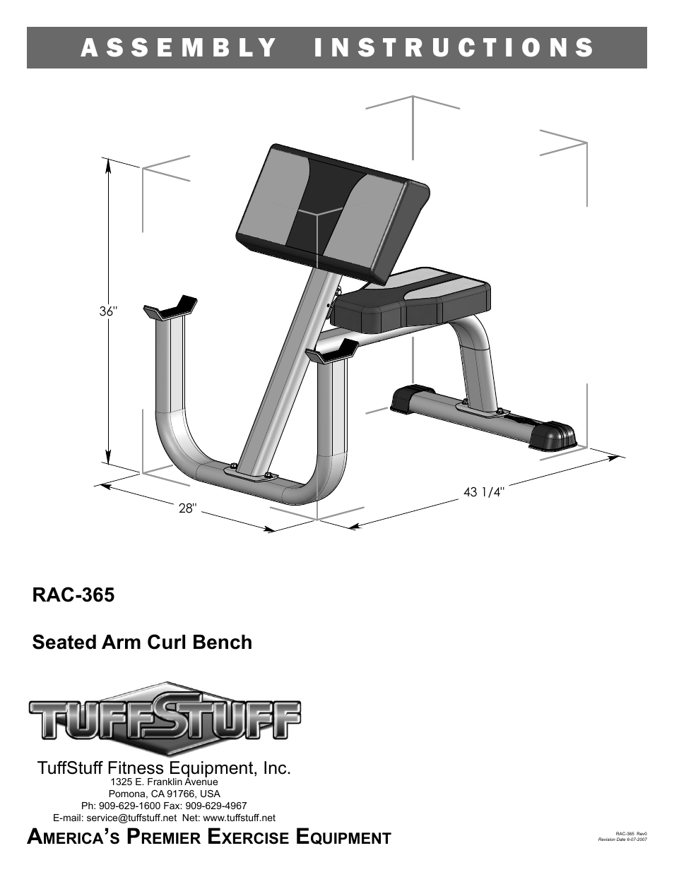 Tuff Stuff RAC-365 Seated Arm Curl Bench User Manual | 4 pages