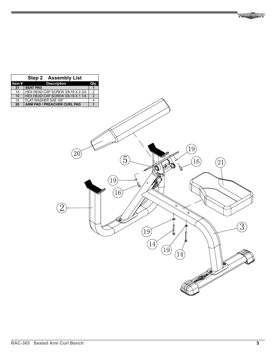 Step 2 assembly list | Tuff Stuff RAC-365 Seated Arm Curl Bench User Manual | Page 3 / 4
