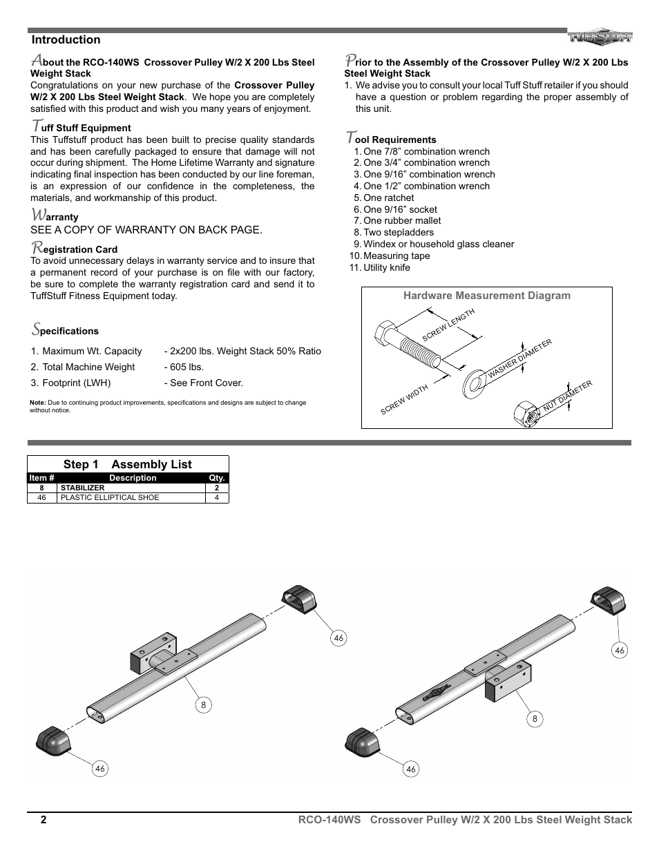 Step 1 assembly list, Introduction | Tuff Stuff RCO-140WS Crossover Pulley User Manual | Page 2 / 10