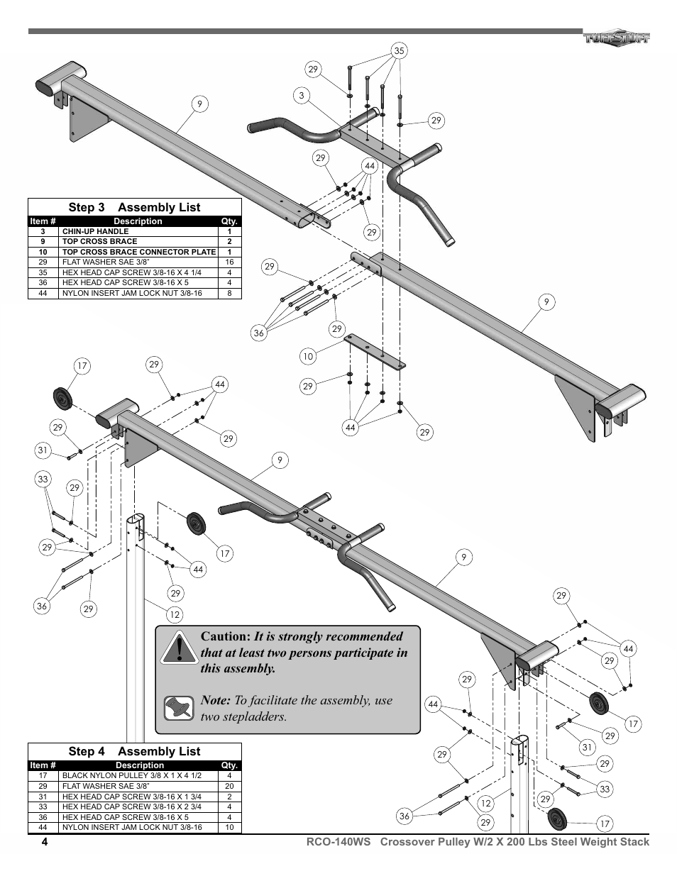 Step 3 assembly list, Step 4 assembly list | Tuff Stuff RCO-140WS Crossover Pulley User Manual | Page 4 / 10