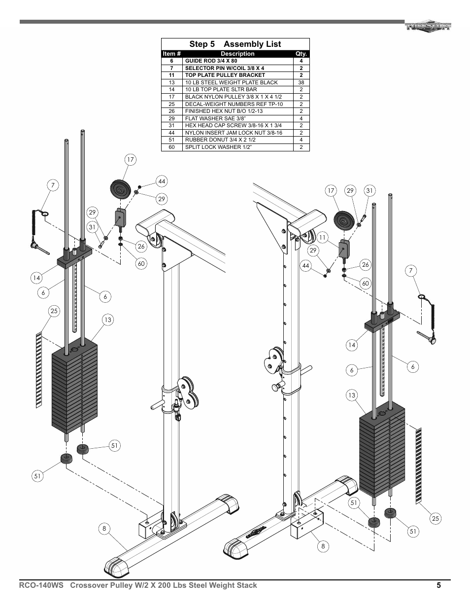 Step 5 assembly list | Tuff Stuff RCO-140WS Crossover Pulley User Manual | Page 5 / 10