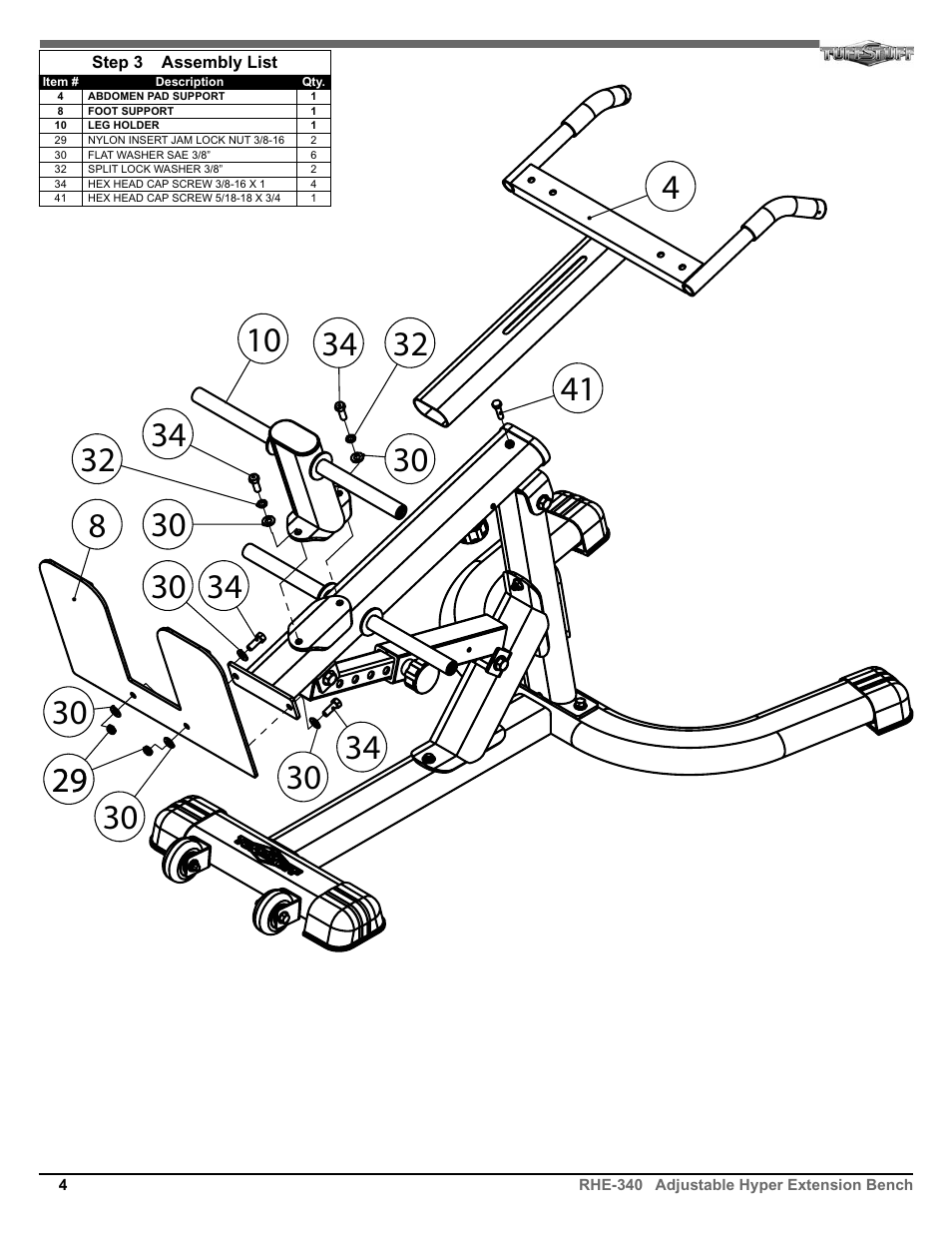 Tuff Stuff RHE-340 Adjustable Hyper Extension Bench User Manual | Page 4 / 8