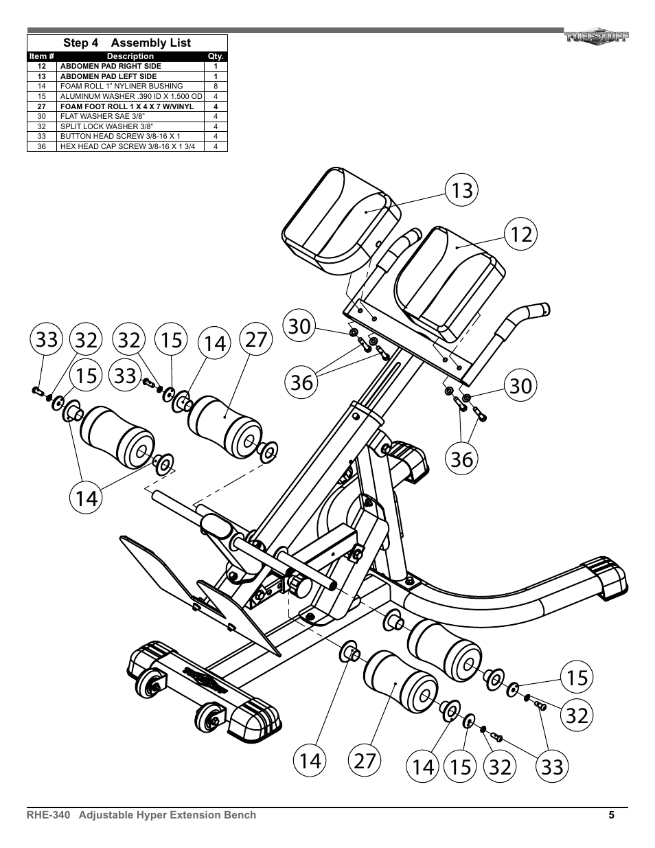 Tuff Stuff RHE-340 Adjustable Hyper Extension Bench User Manual | Page 5 / 8