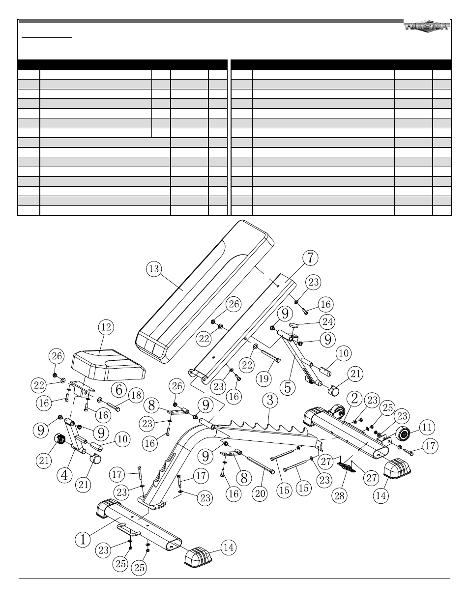 Rlb-325 parts list, Bold font = sub-assembly parts, 4rlb-325 flat / incline ladder bench | Tuff Stuff RLB-325 Flat/Incline Ladder Bench User Manual | Page 4 / 4