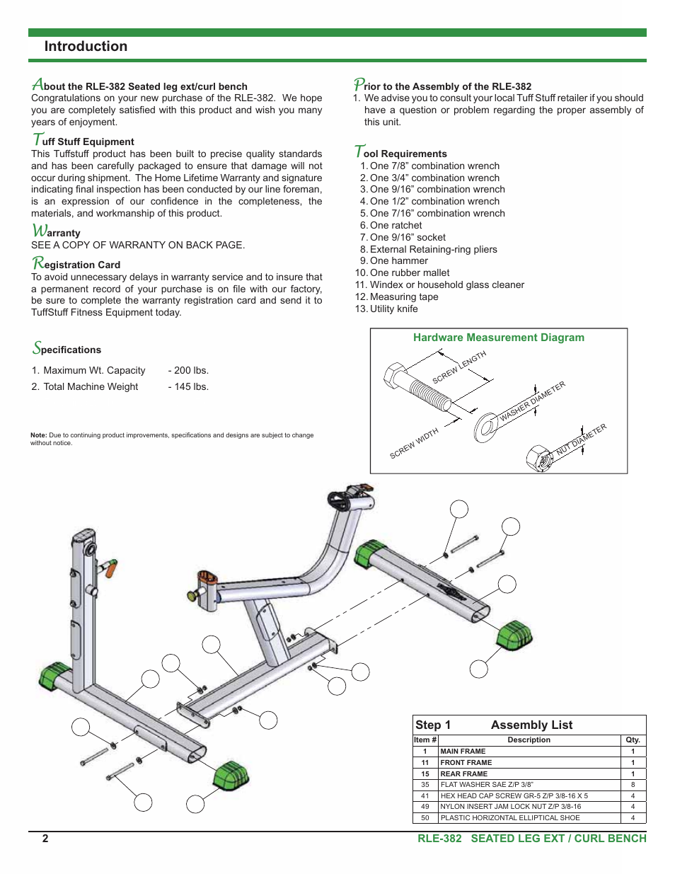 Introduction, Step 1 assembly list | Tuff Stuff RLE-382 Leg Extension/Curl User Manual | Page 2 / 8