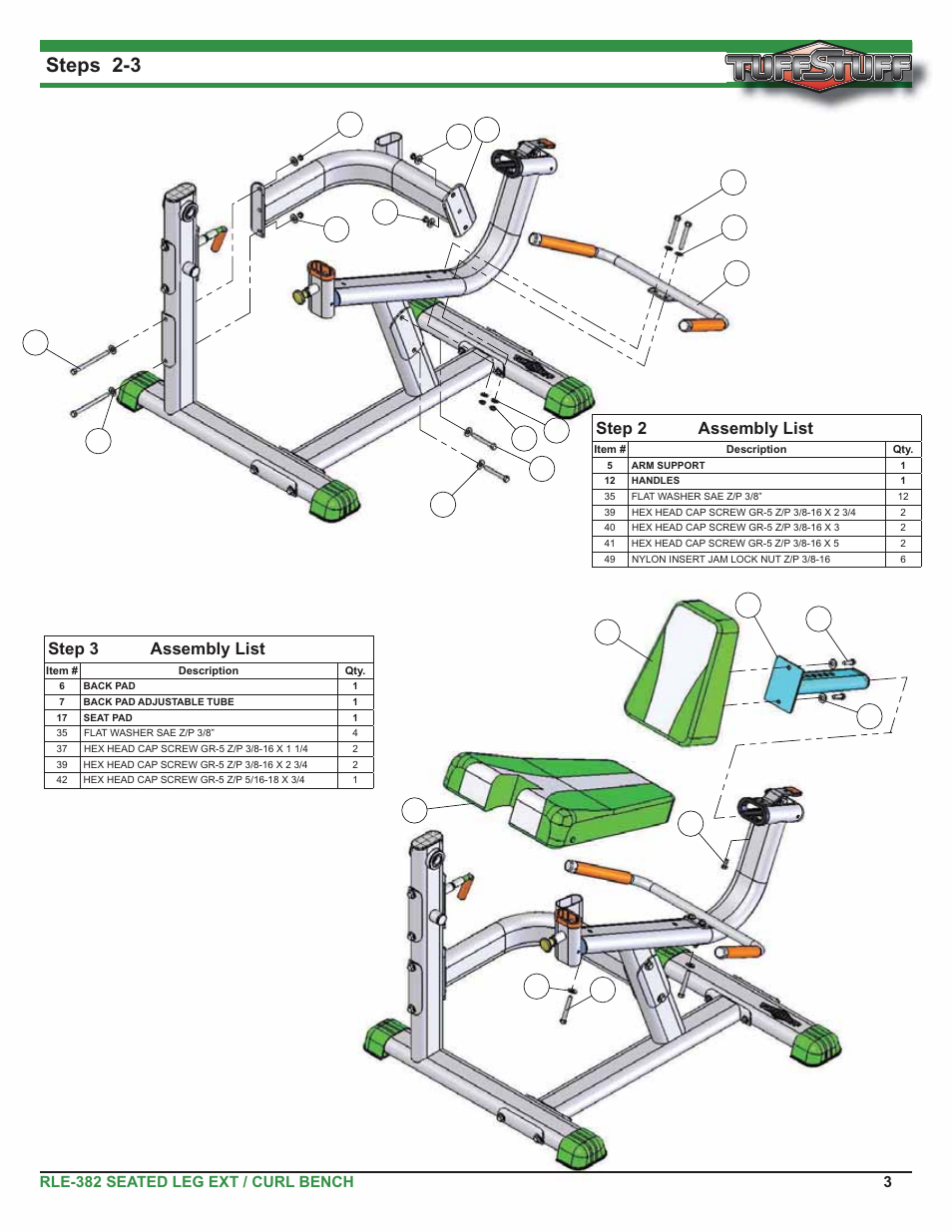 Steps 2-3, Step 2 assembly list, Step 3 assembly list | Tuff Stuff RLE-382 Leg Extension/Curl User Manual | Page 3 / 8