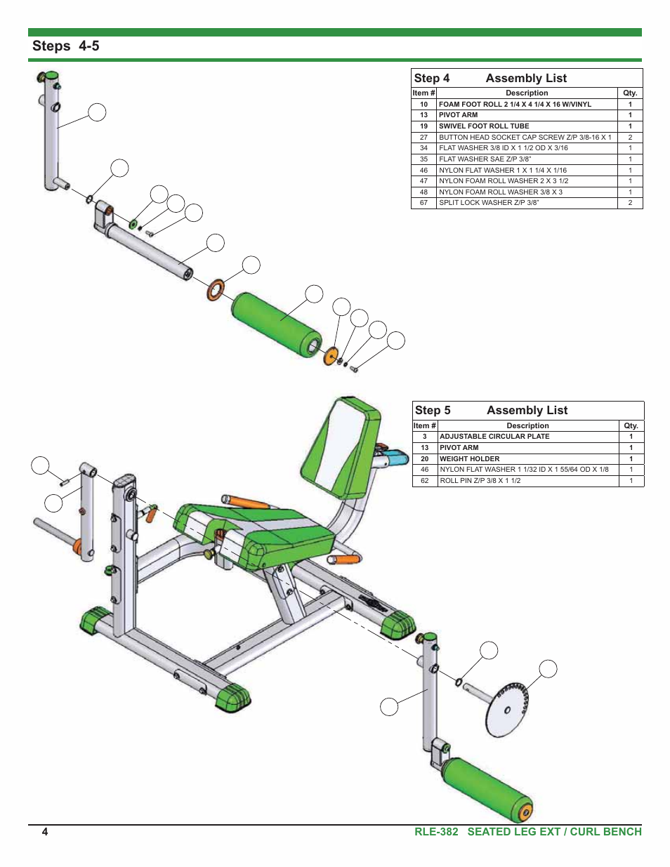 Steps 4-5, Step 4 assembly list, Step 5 assembly list | Tuff Stuff RLE-382 Leg Extension/Curl User Manual | Page 4 / 8