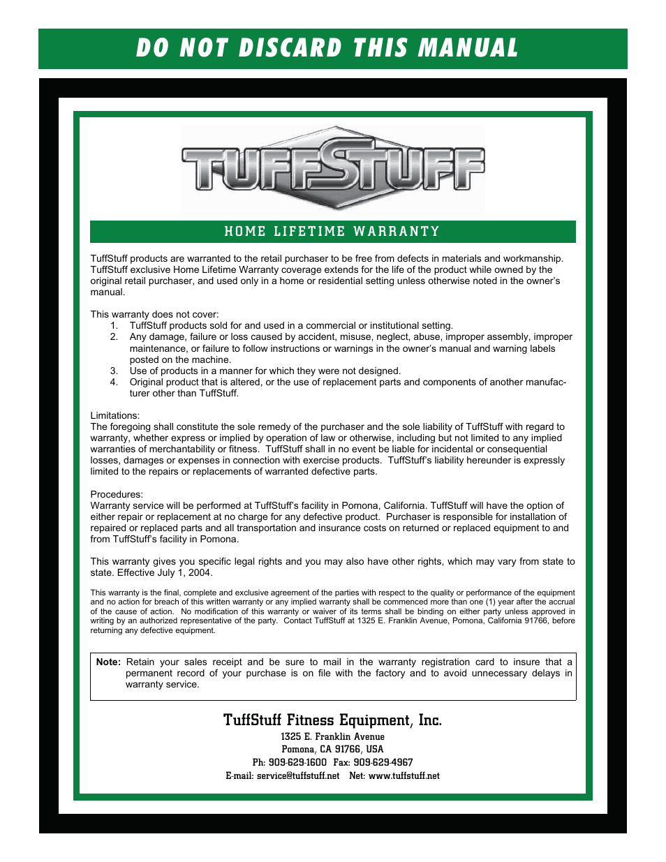 Do not discard this manual, Tuffstuff fitness equipment, inc | Tuff Stuff RLE-382 Leg Extension/Curl User Manual | Page 8 / 8