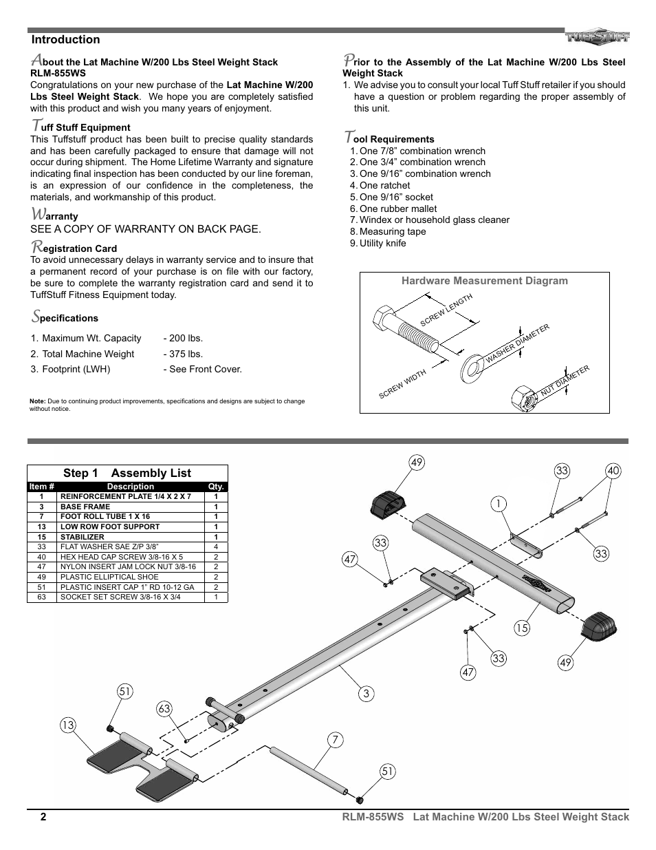 Step 1 assembly list, Introduction | Tuff Stuff RLM-855WS Lat Machine User Manual | Page 2 / 8