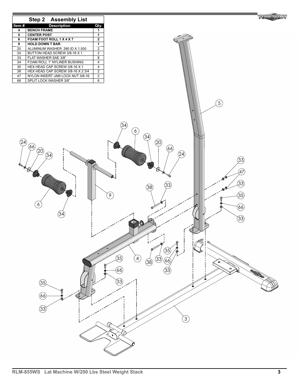 Step 2 assembly list | Tuff Stuff RLM-855WS Lat Machine User Manual | Page 3 / 8