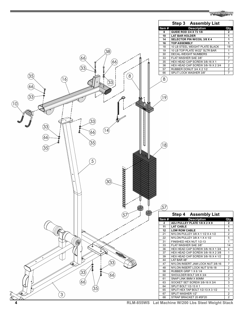 Step 3 assembly list, Step 4 assembly list | Tuff Stuff RLM-855WS Lat Machine User Manual | Page 4 / 8