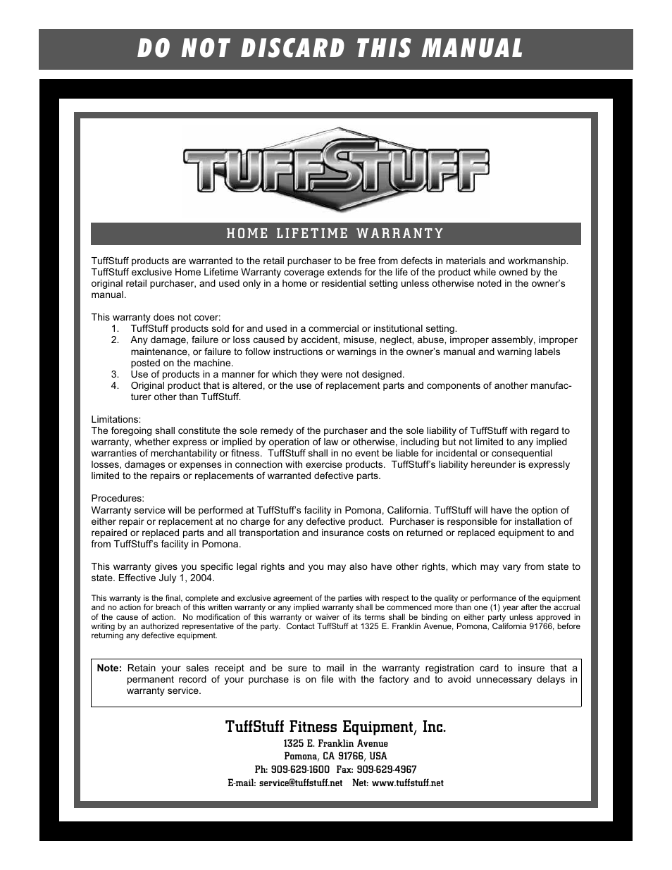 Do not discard this manual, Tuffstuff fitness equipment, inc | Tuff Stuff RLM-855WS Lat Machine User Manual | Page 8 / 8