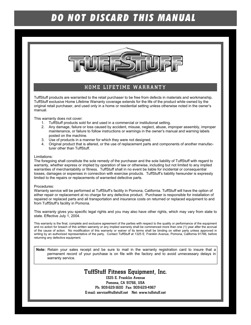 Do not discard this manual, Tuffstuff fitness equipment, inc | Tuff Stuff RLP-200 Leg Press/Hack Squat User Manual | Page 12 / 12