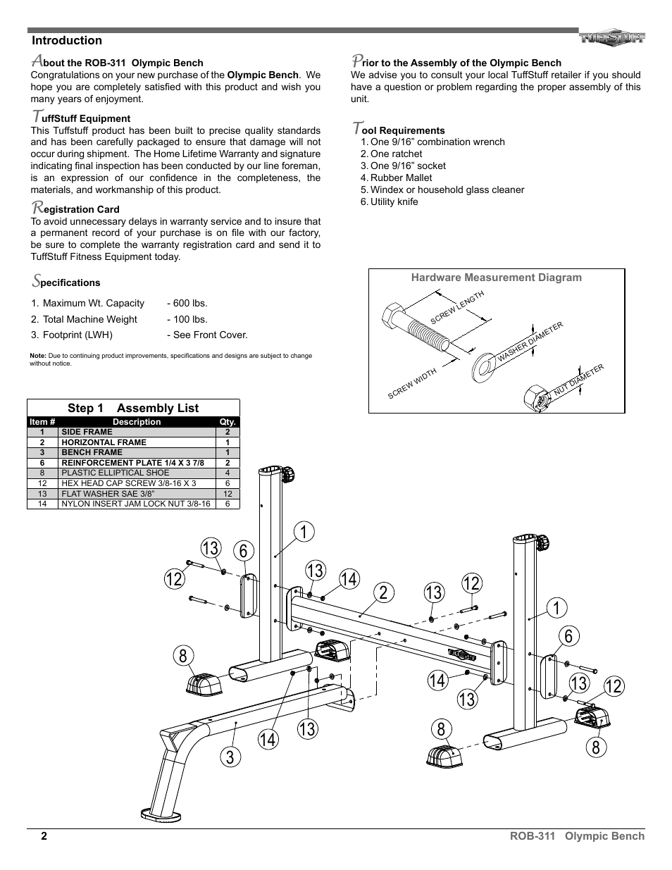 Tuff Stuff ROB-311 Olympic Bench User Manual | Page 2 / 4