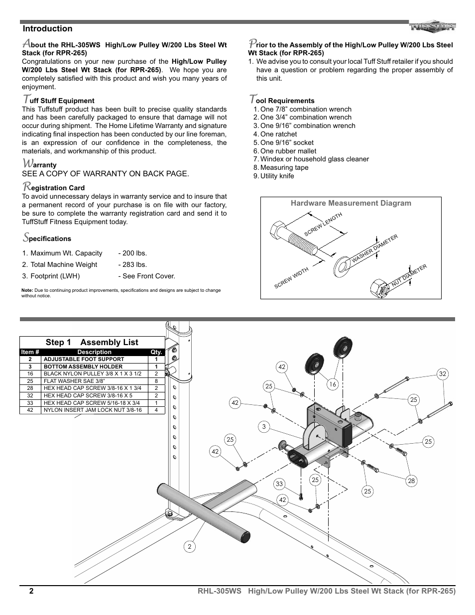 Step 1 assembly list, Introduction | Tuff Stuff RHL-305WS High/Low Pulley W/200 lbs. Steel Wt Stack User Manual | Page 2 / 7