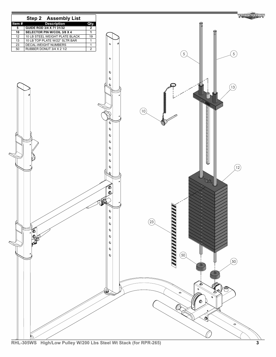 Step 2 assembly list | Tuff Stuff RHL-305WS High/Low Pulley W/200 lbs. Steel Wt Stack User Manual | Page 3 / 7