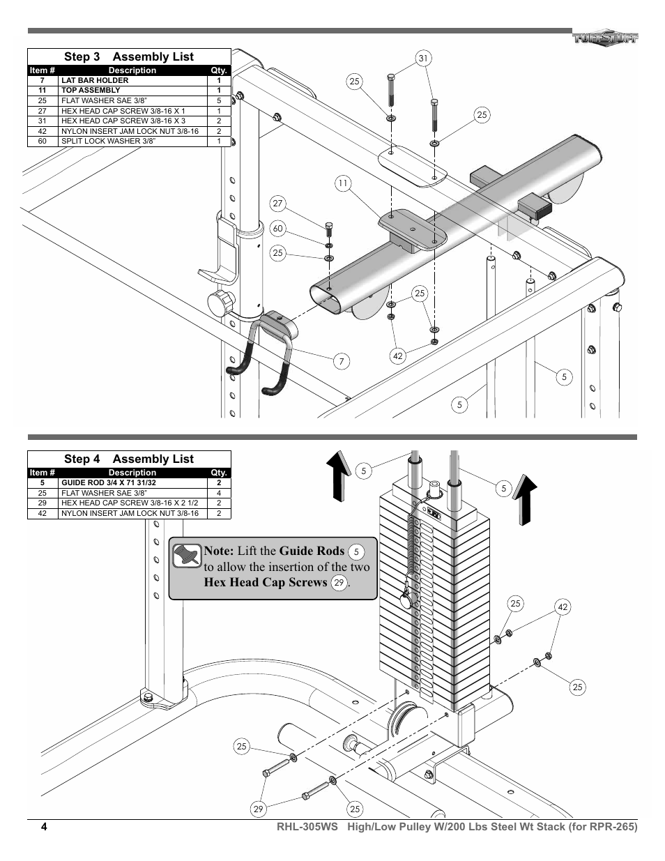 Step 3 assembly list, Step 4 assembly list | Tuff Stuff RHL-305WS High/Low Pulley W/200 lbs. Steel Wt Stack User Manual | Page 4 / 7