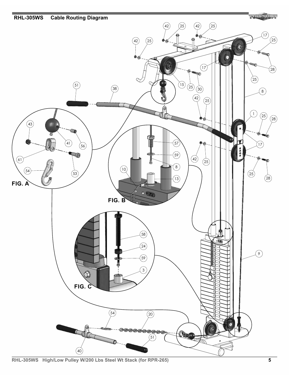 Fig. a fig. b, Fig. c, Rhl-305ws cable routing diagram | Tuff Stuff RHL-305WS High/Low Pulley W/200 lbs. Steel Wt Stack User Manual | Page 5 / 7